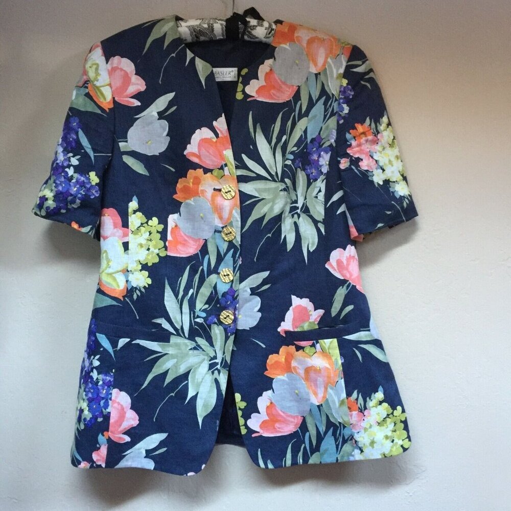 Horst Basler Womens Short Sleeve Floral-Print Linen Blazer Size 40 Lined Pocket